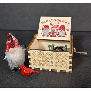 Musical Shelf Decor Mini Christmas Gnome Wooden Winding Music Box Cardinal